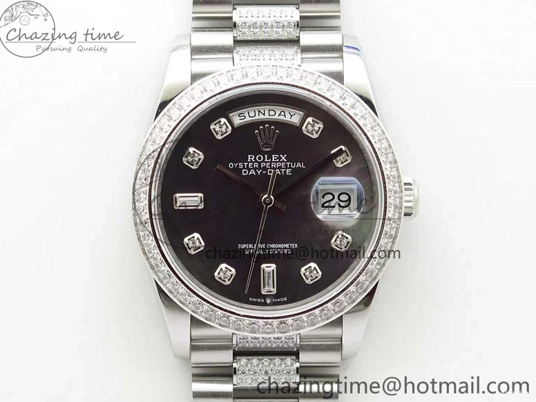 MiroTime 0309 SmoothTexture Day-Date 36mm 128239 SS Crystal BP Best Edition Black MOP Crystal Marker Dial on SS President Bracelet A 2681